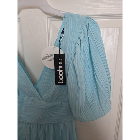 Boohoo Dress Sz 6 Pastel Blue Cinched Waist Puffy Sleeves Lined Polyester NWT - Picture 2 of 13